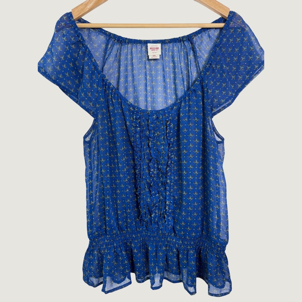 Mossimo Sheer Ruffle Top Womens XXL Blue‎ Geometric Floral Lightweight Summer